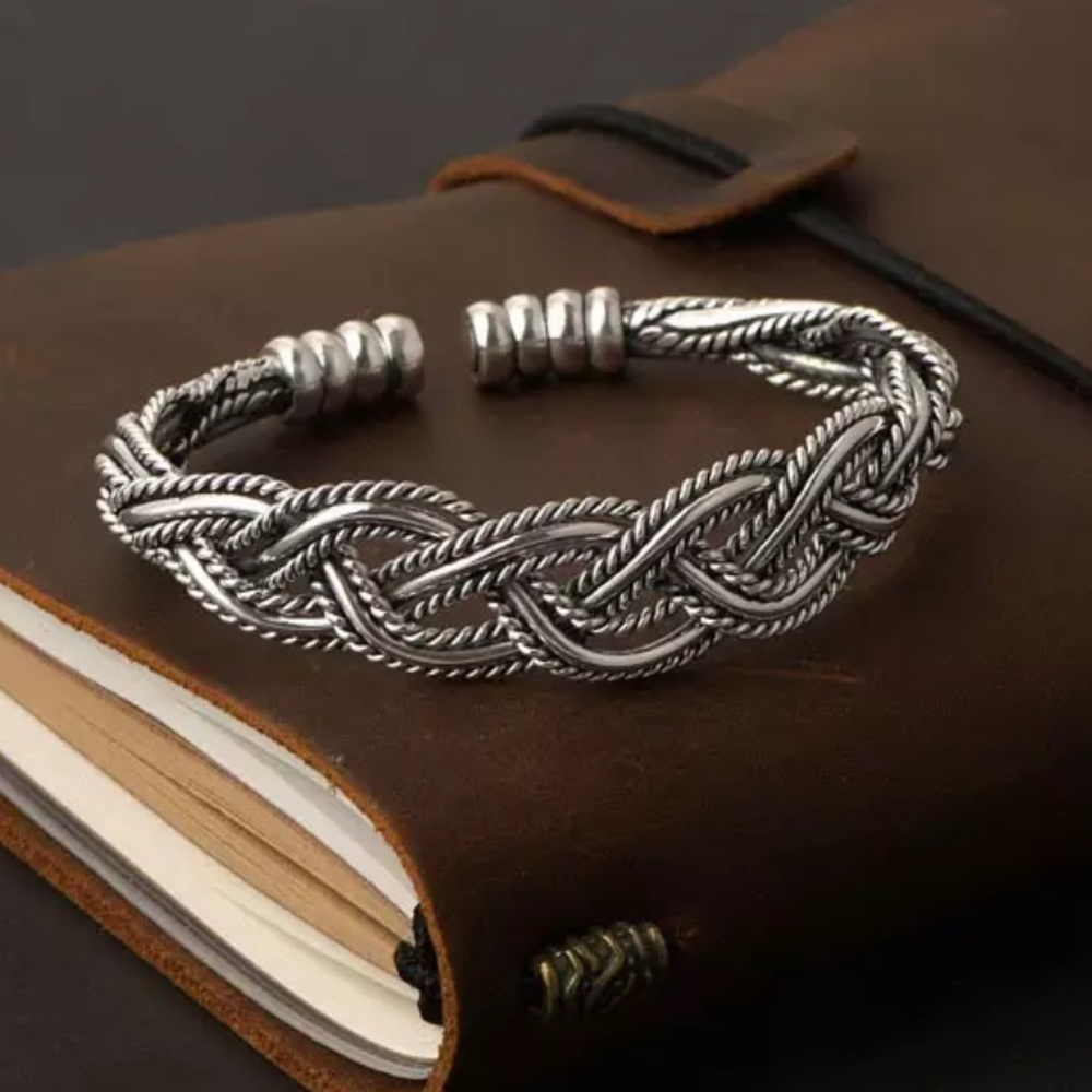 Retro Woven 925 Sterling Silver Cuff Bracelet